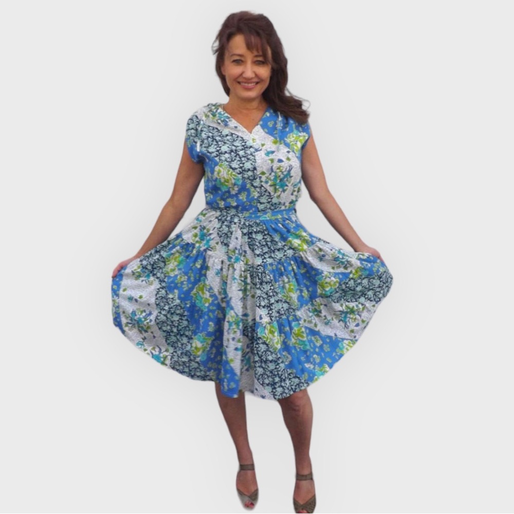 50s Cotton Print Two Piece Dress Blue S M
